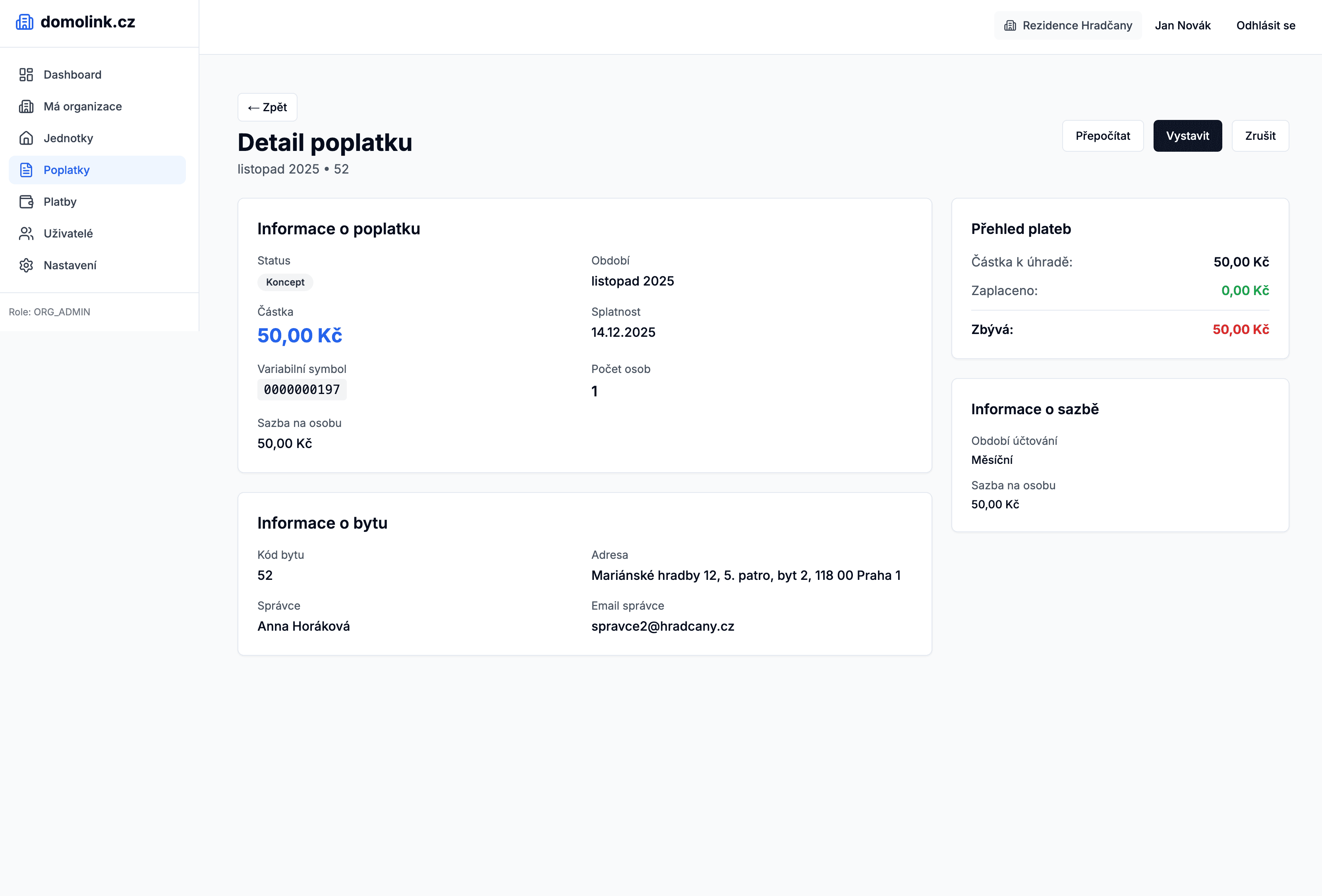 Detail poplatků jednotky