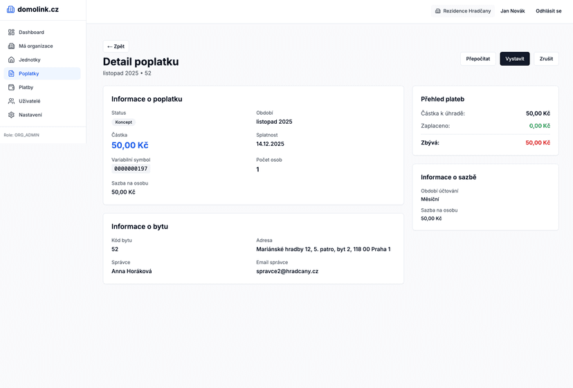 Seznam vygenerovaných poplatků